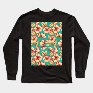 Rust & Teal Floral Pattern Long Sleeve T-Shirt